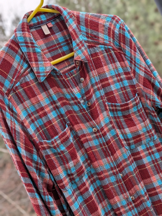 Pilcro Sweaters - Pilcro Red and Turquoise Plaid Button-Down Long Shirt/Cardigan